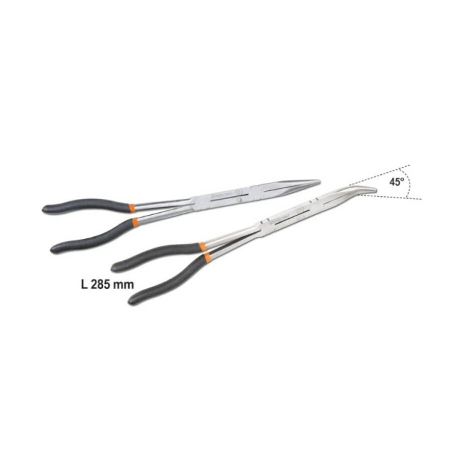 Jeu de 2 pinces extra-longues à becs demi-ronds striées avec double articulation