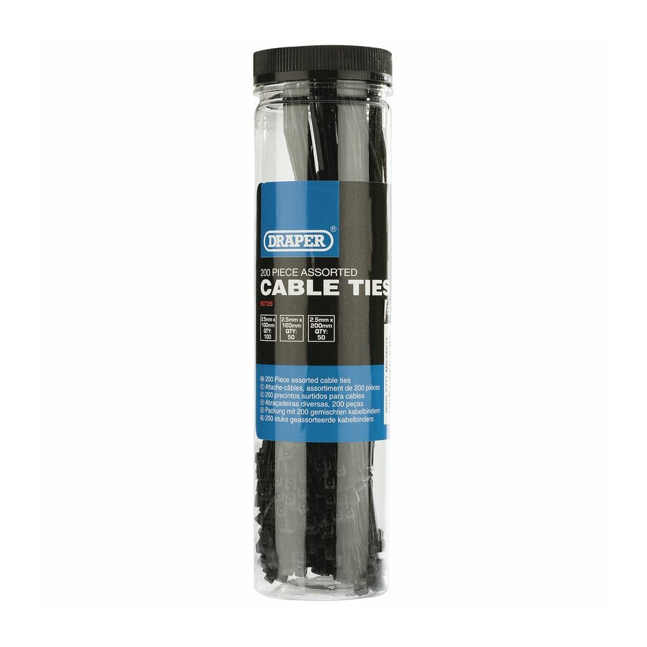 Colliers nylon DRAPER multi-tailles noir 200 pièces