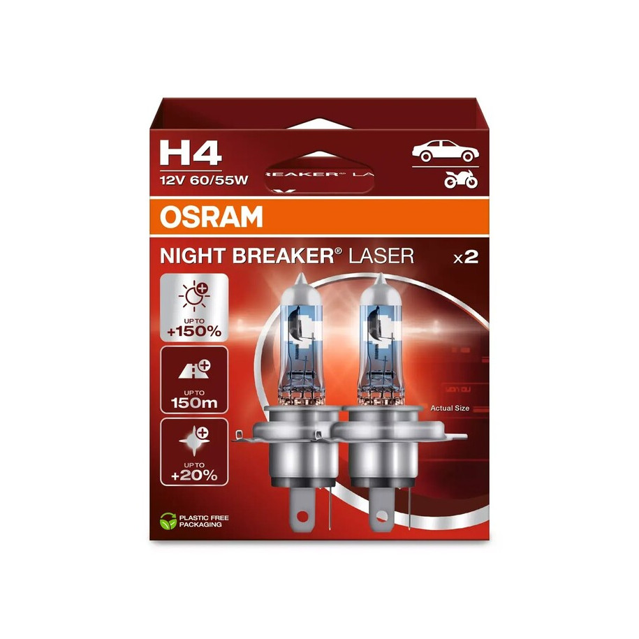 Ampoules OSRAM H4 Night Breaker Laser 12V 60/55W P43t-38 - par paire